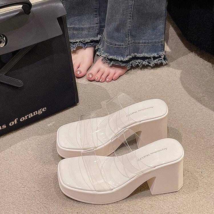 Sandalias Zuecos de Tacón Alto con Tira Transparente para Mujer de Caucho y PU