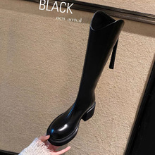 牛皮版~显瘦V口靴子粗跟高筒骑士靴女冬真皮厚底长筒靴高跟长靴