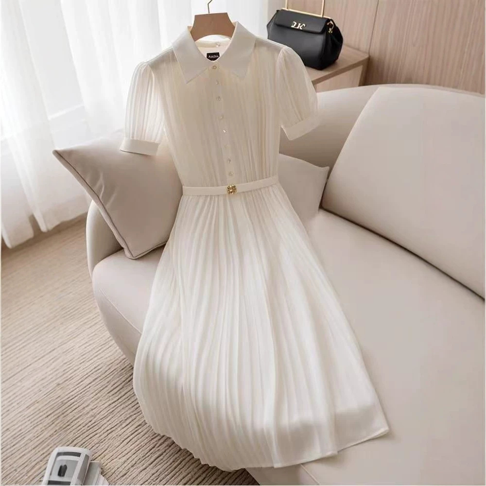 Váy liền maxi cổ chữ V, thiết kế ôm eo, dáng dài thướt tha kiểu Pháp — màu trắng chi tiết 3