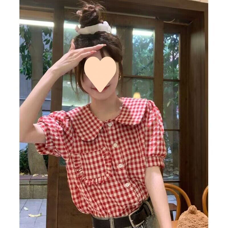 女性のためのフレンチレトロ半袖シャツ、夏の新しいスタイル、年齢を減らす、美しいシャツ、気質、ベビーカラーのシャツトップ|undefined