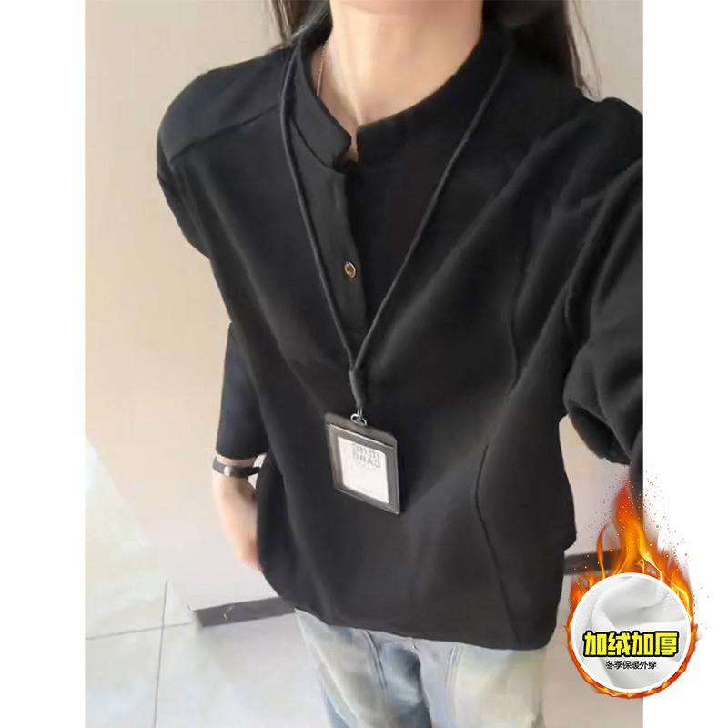 2025秋冬季美式亨利领卫衣男款高级感polo衫长袖t恤内搭打底衫女