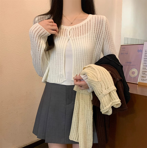 New Korean style loose short hollow long sleeve thin sunscreen knitted cardigan top in summer