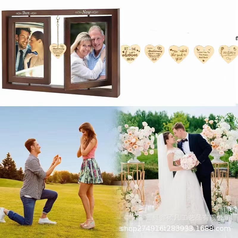 Nuevo marco de fotos americano, marco doble giratorio de madera de amor, marco creativo, decoración de regalo de sala de estar, marco de fotos, decoración de escritorio