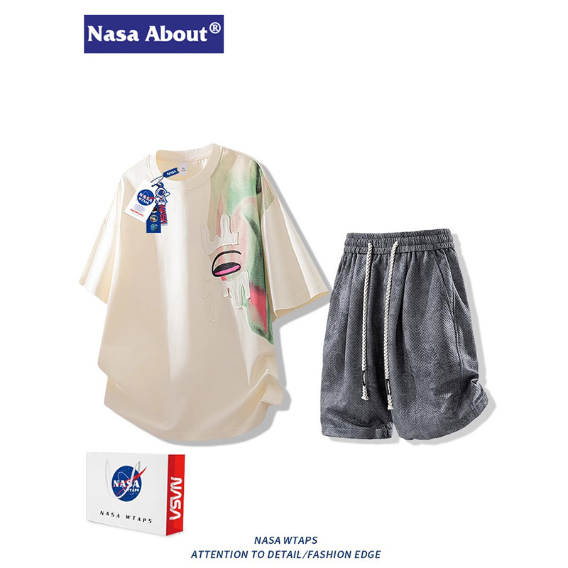 Nasa about American Short-Sleeved Suit Men's Summer Short-Sleeved T-Shirt Shorts Ice Silk Thin T-Shirt Couple Two-Piece Set