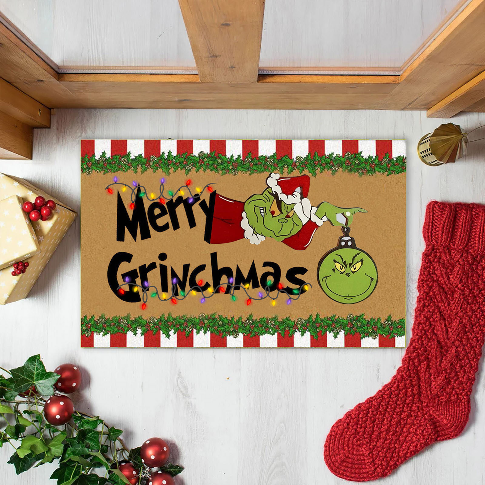 En stock Grinch alfombra del piso transfronterizo alfombra de Navidad alfombra de puerta de vacaciones verde payaso alfombra del piso