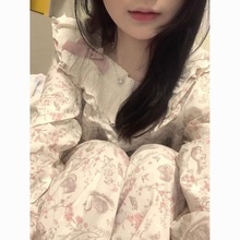 甜美兔子印花蕾丝边长袖睡衣家居服秋季少女休闲宫廷风新款两件套