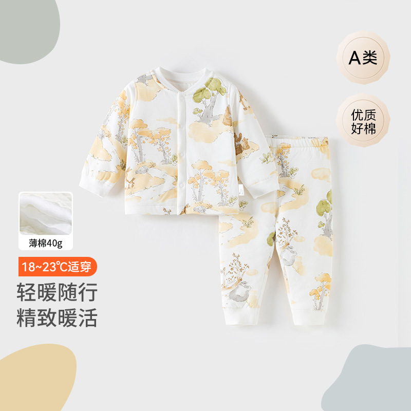 婴儿秋冬夹棉套装宝宝加厚前开两件套秋冬季婴幼童a类家居服