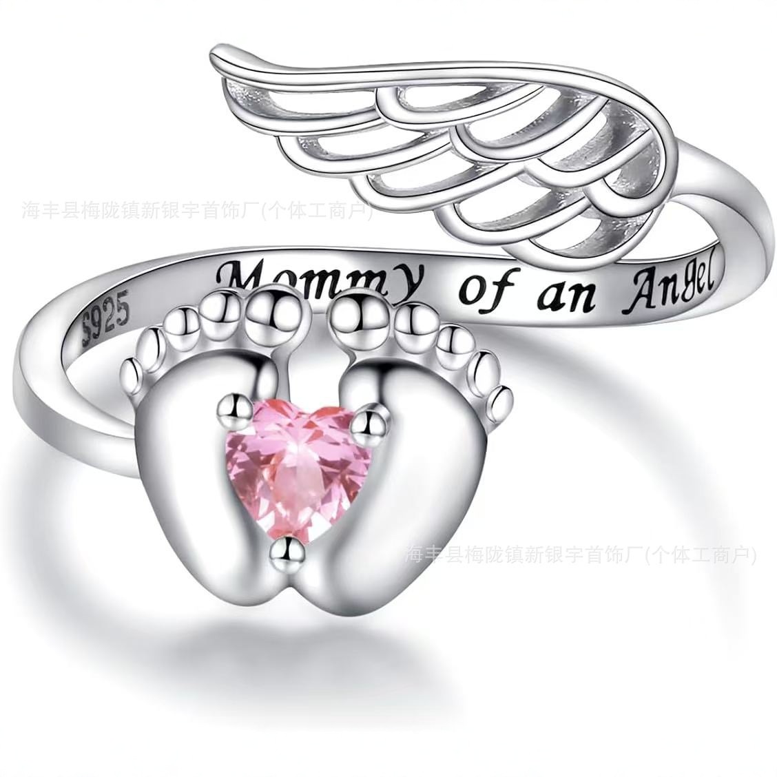 Cross-Border S925 Sterling Silver Angel Footprint Ring Female Mother Gift Diamond Heart Opening Fashion Ring European and American Style