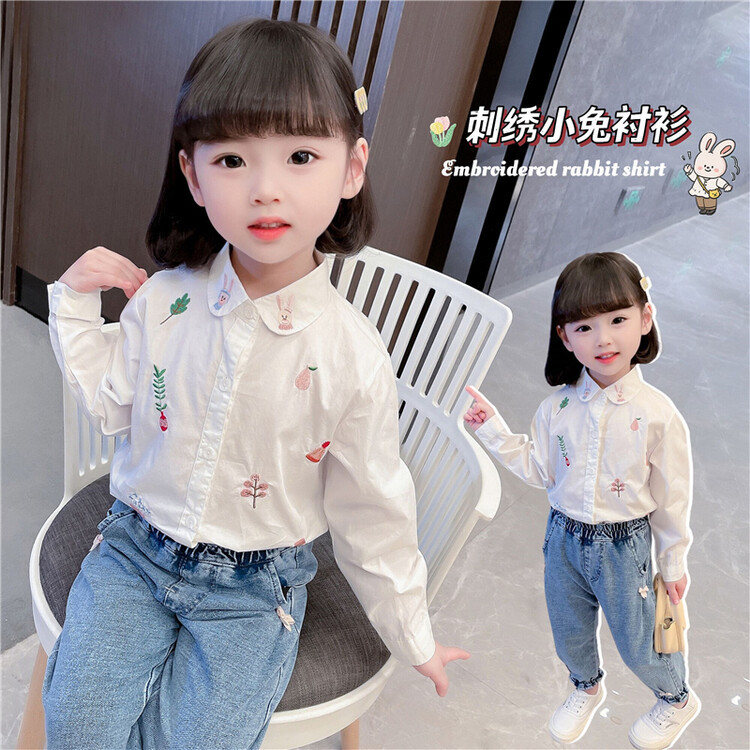 Children's clothing girl Long sleeve shirt Spring children Embroidery jacket Korean Edition white shirt Western style baby Base coat