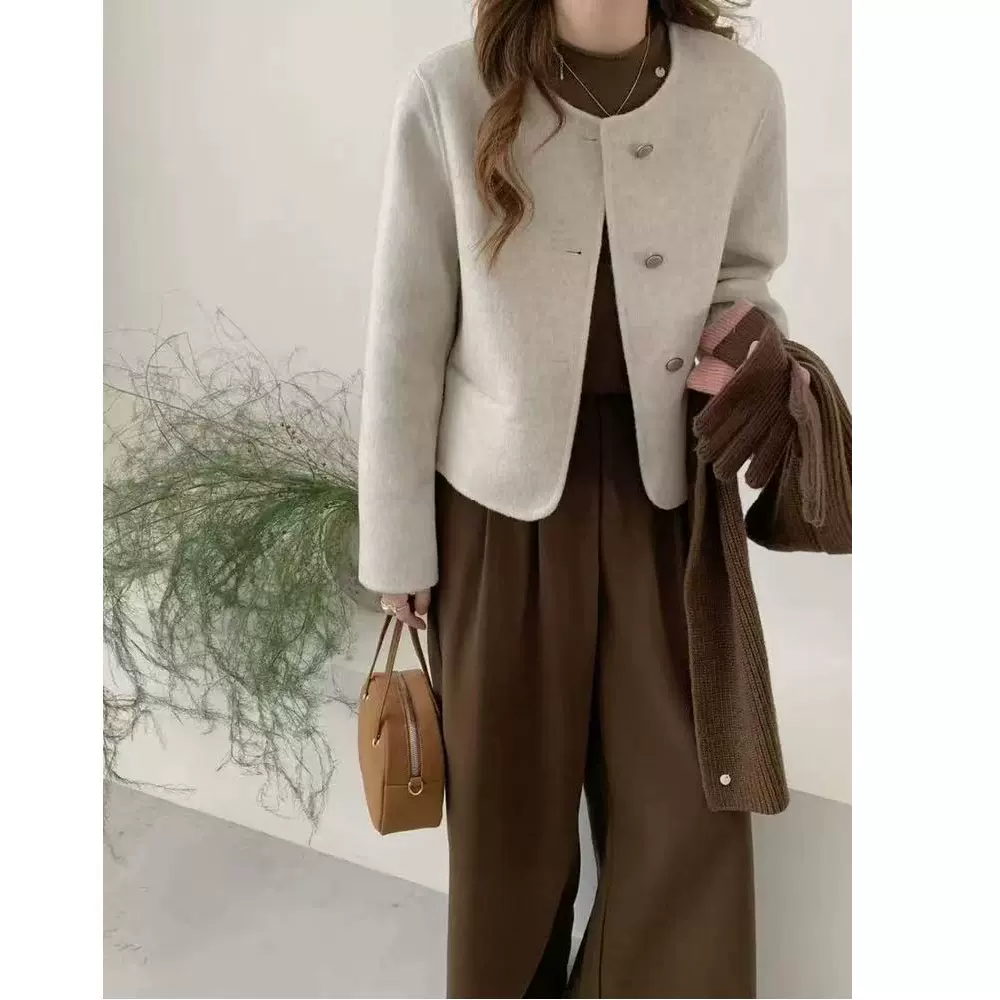 小香风外套女双面羊毛大衣女短款小个子简约通勤圆领宽松呢子外套