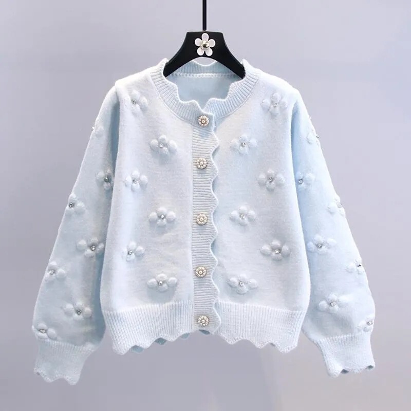 Three-dimensional Beaded Flower Knitted Sweater Sweater Spring and Autumn New Japanese College Style Fashion Western Style Age-reducing Top Coat