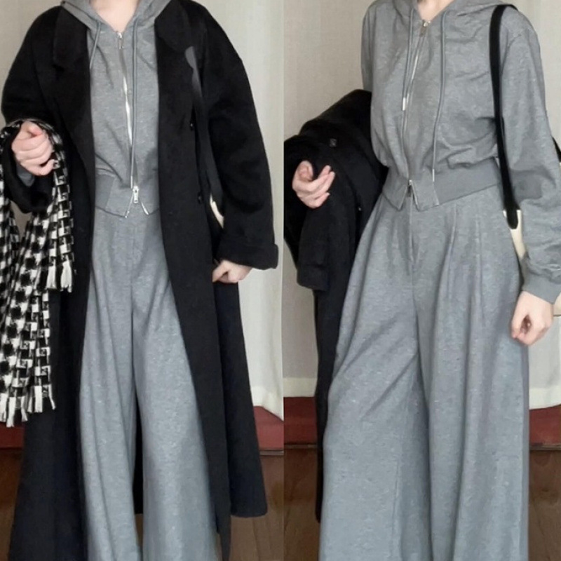 灰色休闲卫衣套装女秋冬季2024新款感韩系搭配一整套入冬穿搭