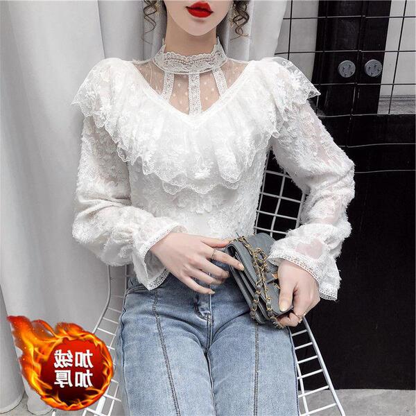 Lace lace half high neckline long sleeved women's top versatile for inner and outer wear， with a stylish base shirt