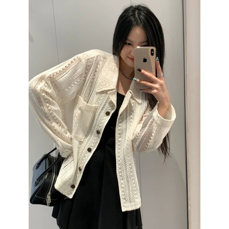 Longmei Crochet Hollow Knit Cardigan for Women 2026 Early Spring New Korean Style Lc Loose Long Sleeve Shirt Top