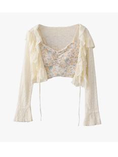 Autumn New Style French Gentle Style Ruffled Lace Cardigan Jacket Floral Small Suspender Two-Piece Top