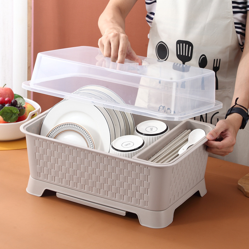 Kitchen Tableware Cup Storage Box Bowl Chopsticks Dishes Drain Rack Household Plastic Multi-functional Storage Rack with Lid