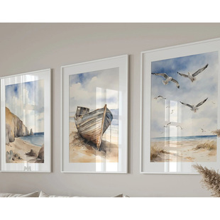 Modern Seagull Watercolor Blue Natural Scenery Beach Bedroom Living Room Hanging Painting Canvas Decorative Painting Core Frameless Poster