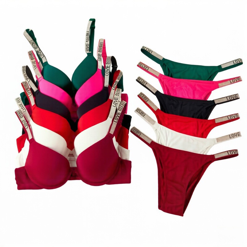 Sexy Rhinestone Lettered Lingerie Set, Rhinestone Sports Low-Waist Thin Bra Set, Butt-Lifting Solid Color Seamless Panties Sexy Rhinestone Lettered Lingerie Set, Rhinestone Sports Low-Waist Thin Bra Set, Butt-Lifting Solid Color Seamless Panties