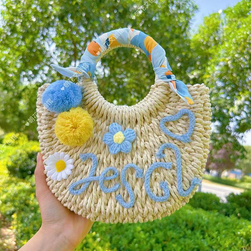 母の日毛玉レターストローバッグ DIY 素材バッグハンドバッグ夏休み織バッグ女性の花バッグ|undefined