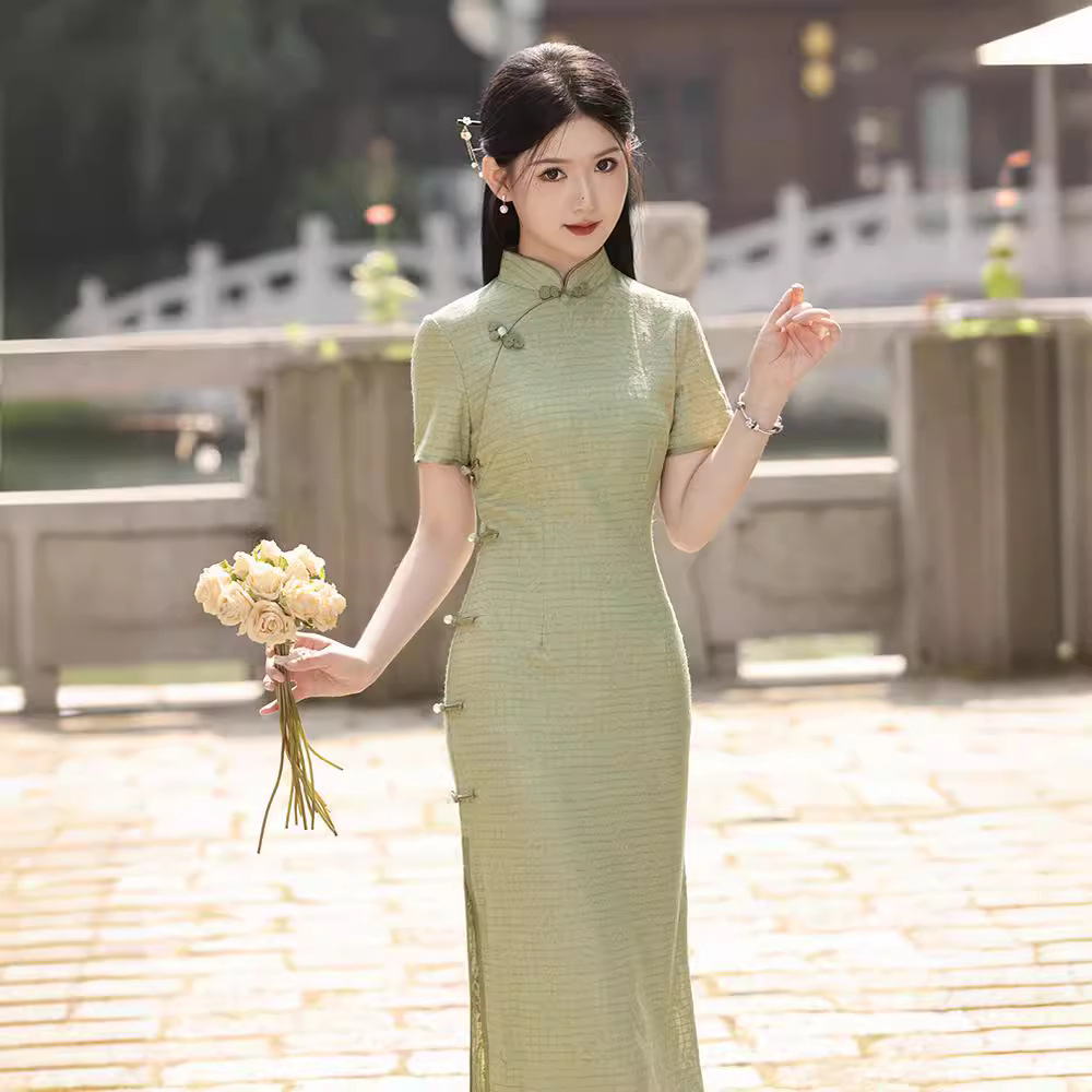 Green lace summer retro cheongsam