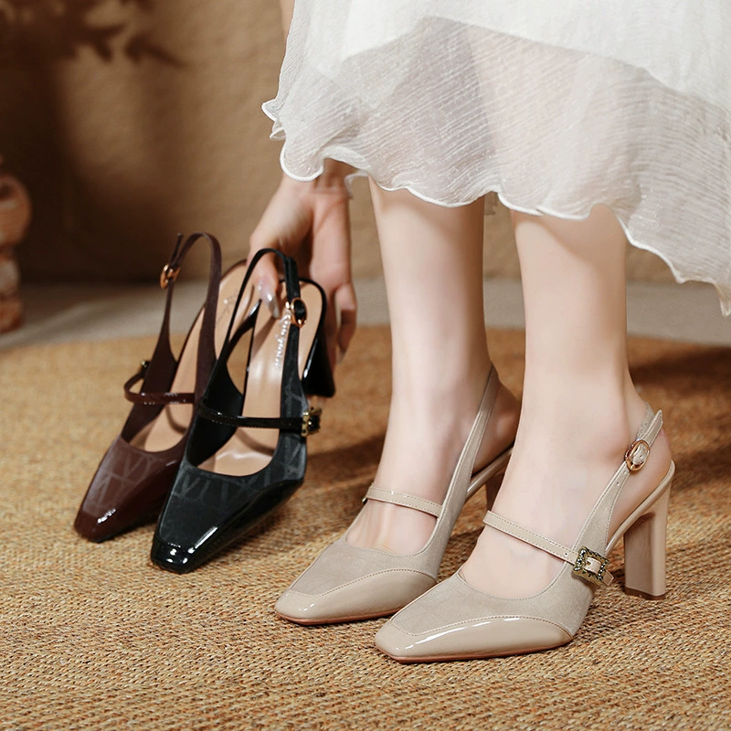 Баотоу сандалии женский Мэри Джейн туфли на высоком каблуке толстый каблук 2025 новый летний французский квадрат с пустыми туфлями