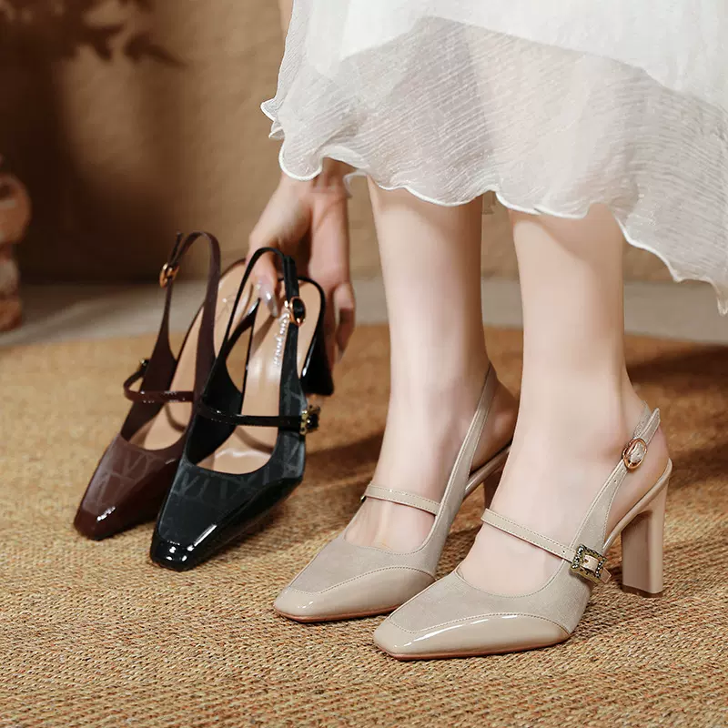包头凉鞋女玛丽珍高跟鞋粗跟2025新款夏季法式方头一字带后空单鞋