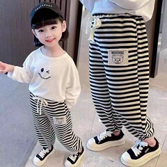 兒童春秋衛褲2024韓版網紅小熊條紋褲子男童女童寶寶外穿長褲童褲