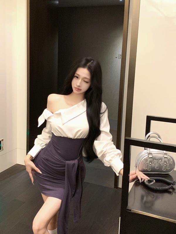 韩模顶配 长袖美式斜肩辣妹连衣裙女夏收腰显瘦包臀裙短裙|undefined