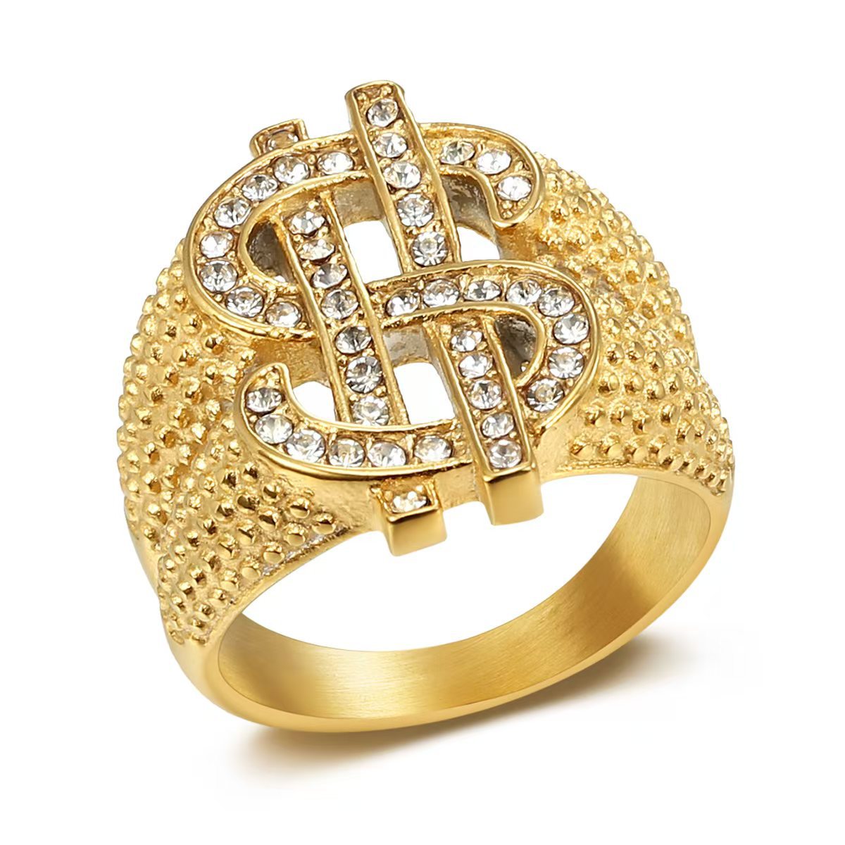 European and American Cross-Border New Hip-Hop Ring Stainless Steel Trendy Exaggerated Full Diamond Dollar Sign Men's Ring Jewelry