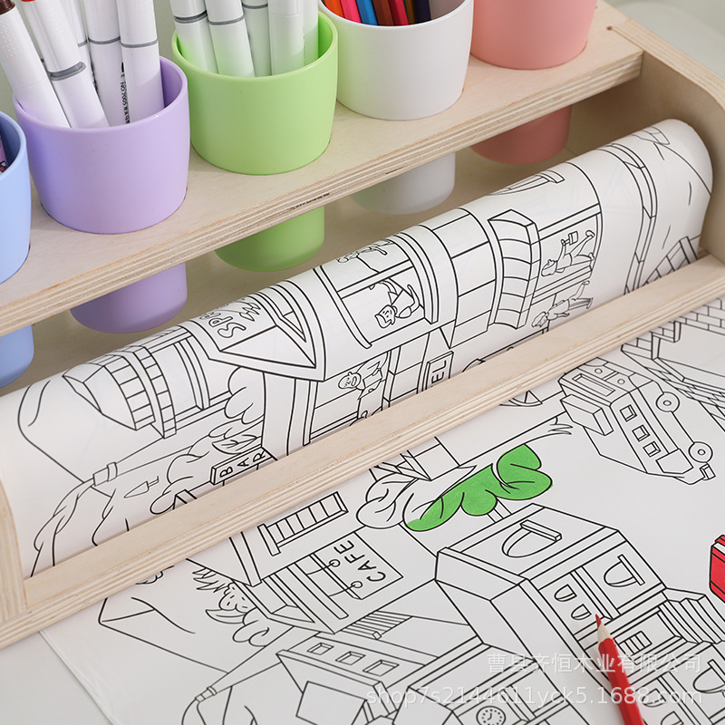 Wooden children's table storage system, scroll, drawing paper, pens holder for boys and girls, set, graffiti 2