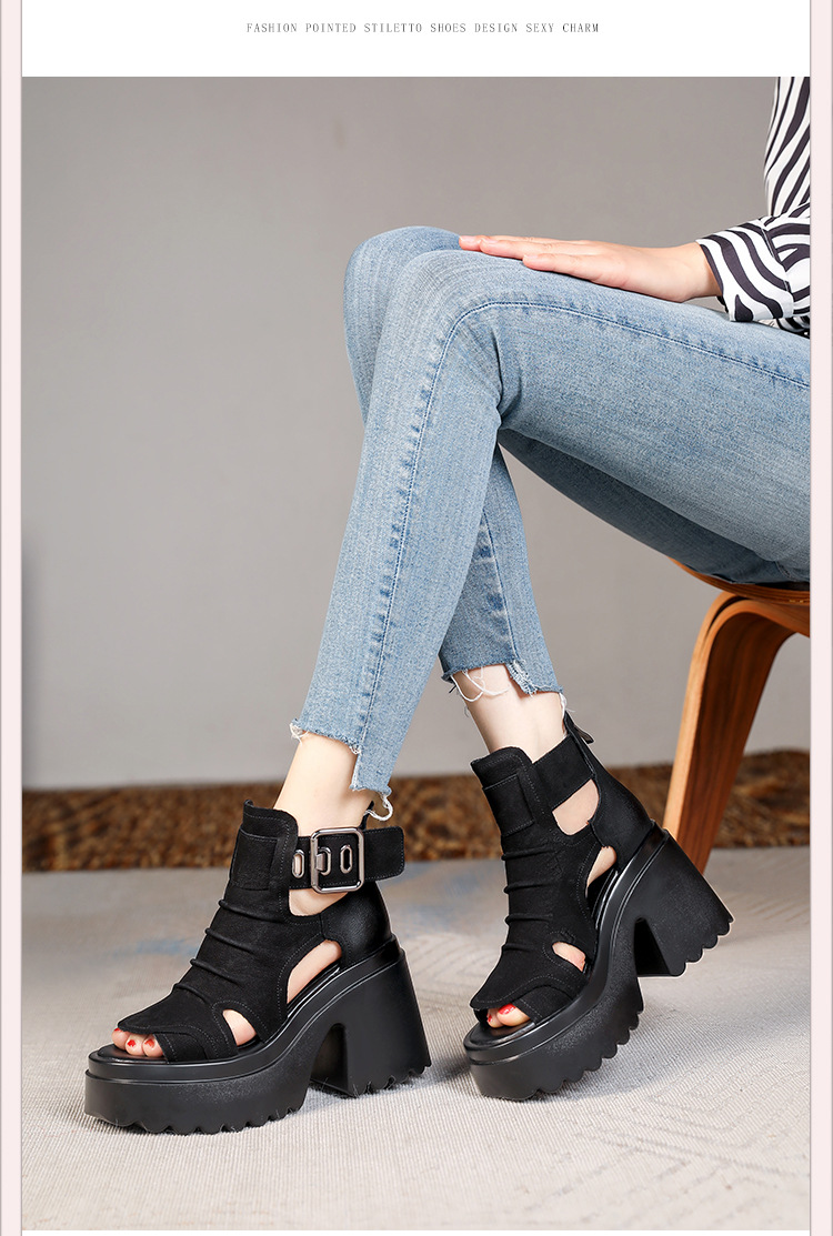Sandal nữ gót thô miệng cá đế chống nước, tăng chiều cao 10 cm — Màu đen chi tiết 7