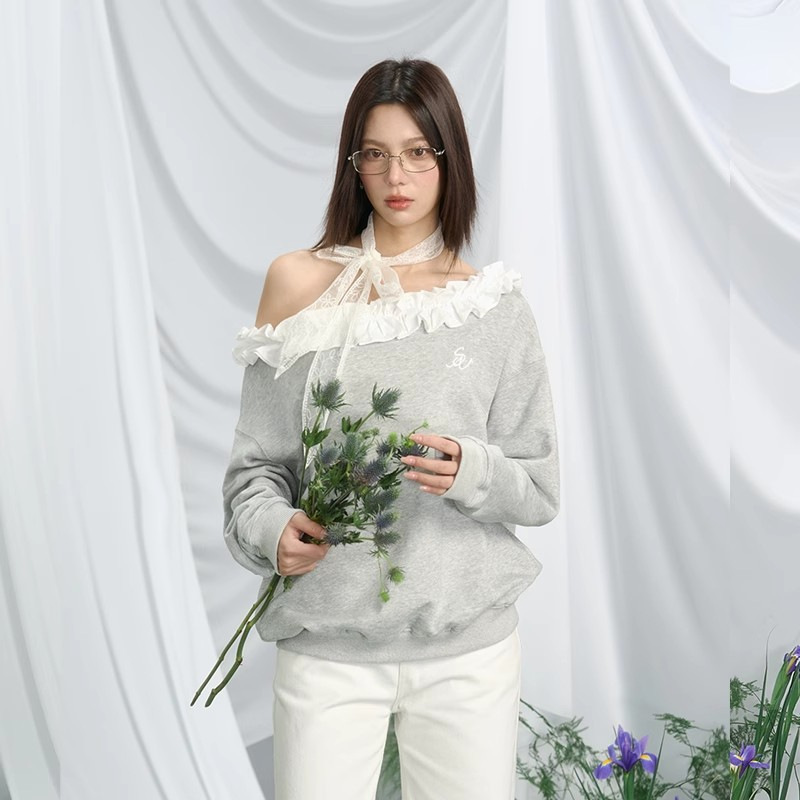 American Retro Gray One-Shoulder Sweatshirt for Women 2025 Autum Design Lace Splicing Off-Shoulder Top