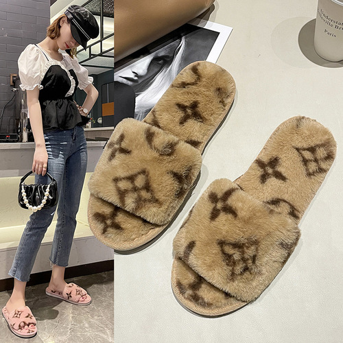  new cross-border flower imitation rabbit fur slippers for women's home warm fur flat bottom open cotton slippers