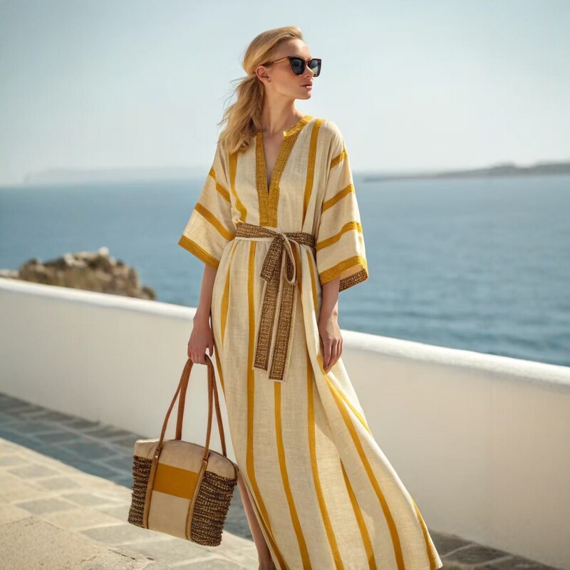 2026 European and American Style Cross-Border 3D Seaside Vacation Striped Robe for Women, Summer Loose Beach Cover-Up Fashion Dress