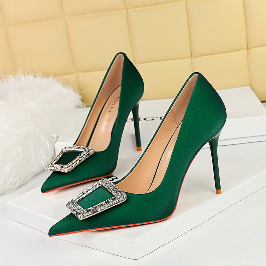 3265-K10 Korean Style Fashion Party Heels Stiletto Shallow Pointed Toe Rhinestone Buckle Slimming High Heel Single Shoes_vogvips.com