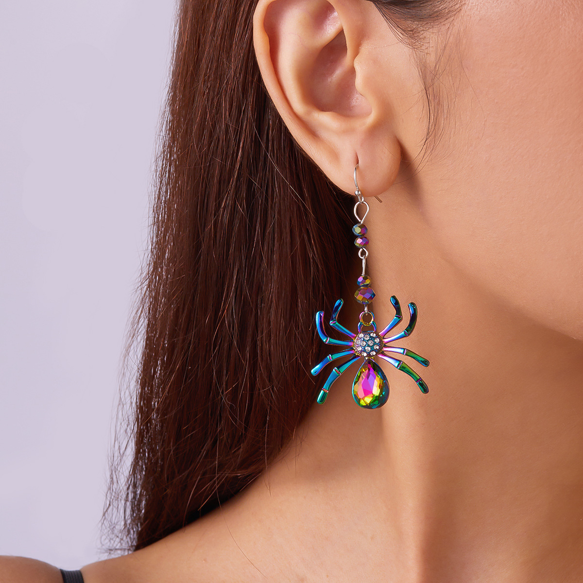Subtle exaggerated Halloween diamond studded spide, punk style, versatile, colorful and quirky tassel earrings_voghion.com