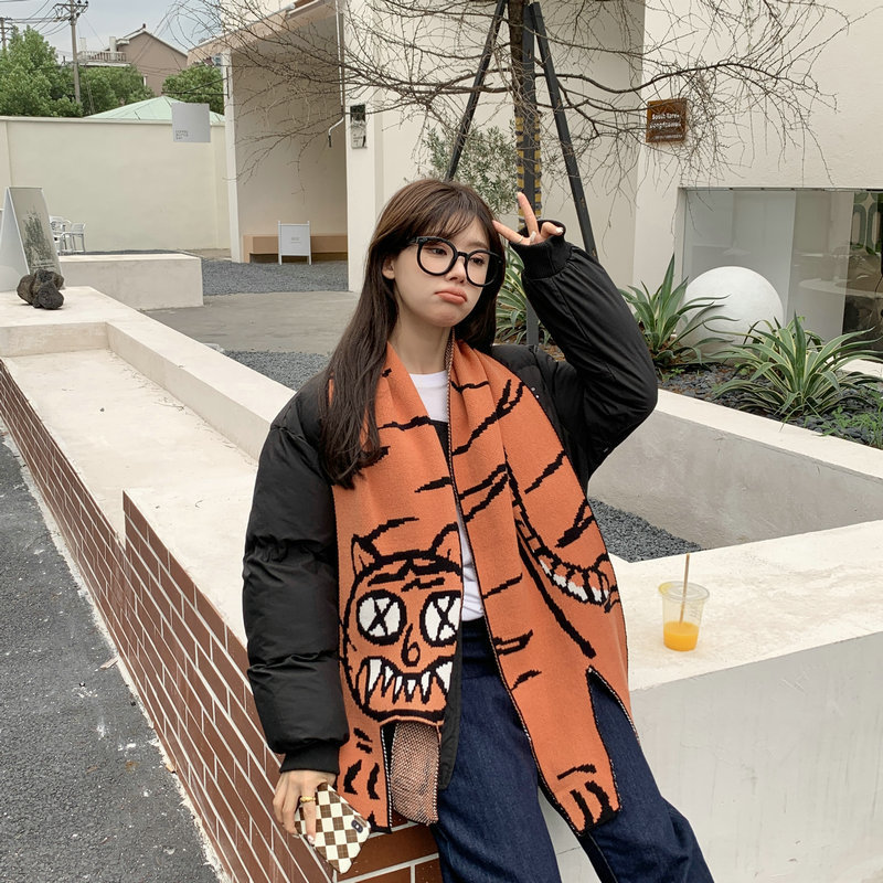 卡通老虎围巾秋冬软妹少女减龄可爱针织毛线披肩学生保暖围脖韩版