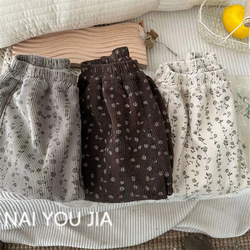 奶油家加绒裤子秋冬新款小女孩加厚一体绒碎花冬季外穿宽松灯笼裤