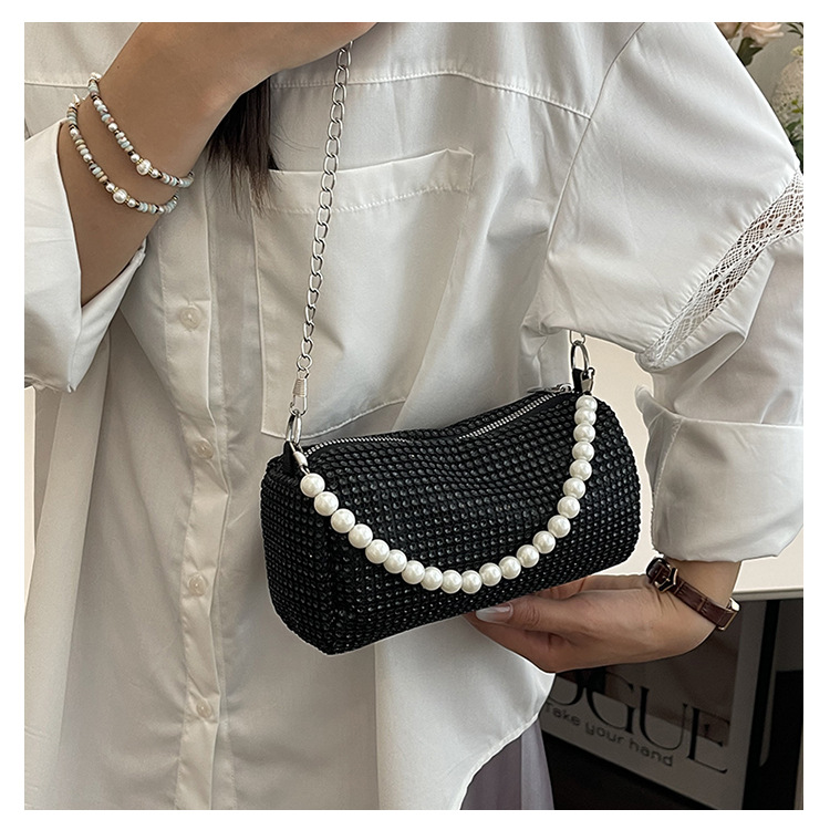 Borsa a tracolla Boston a mano con catena occidentale alla moda, nuova primavera/estate, con diamante lucido e perla sotto le ascelle_voghion.com