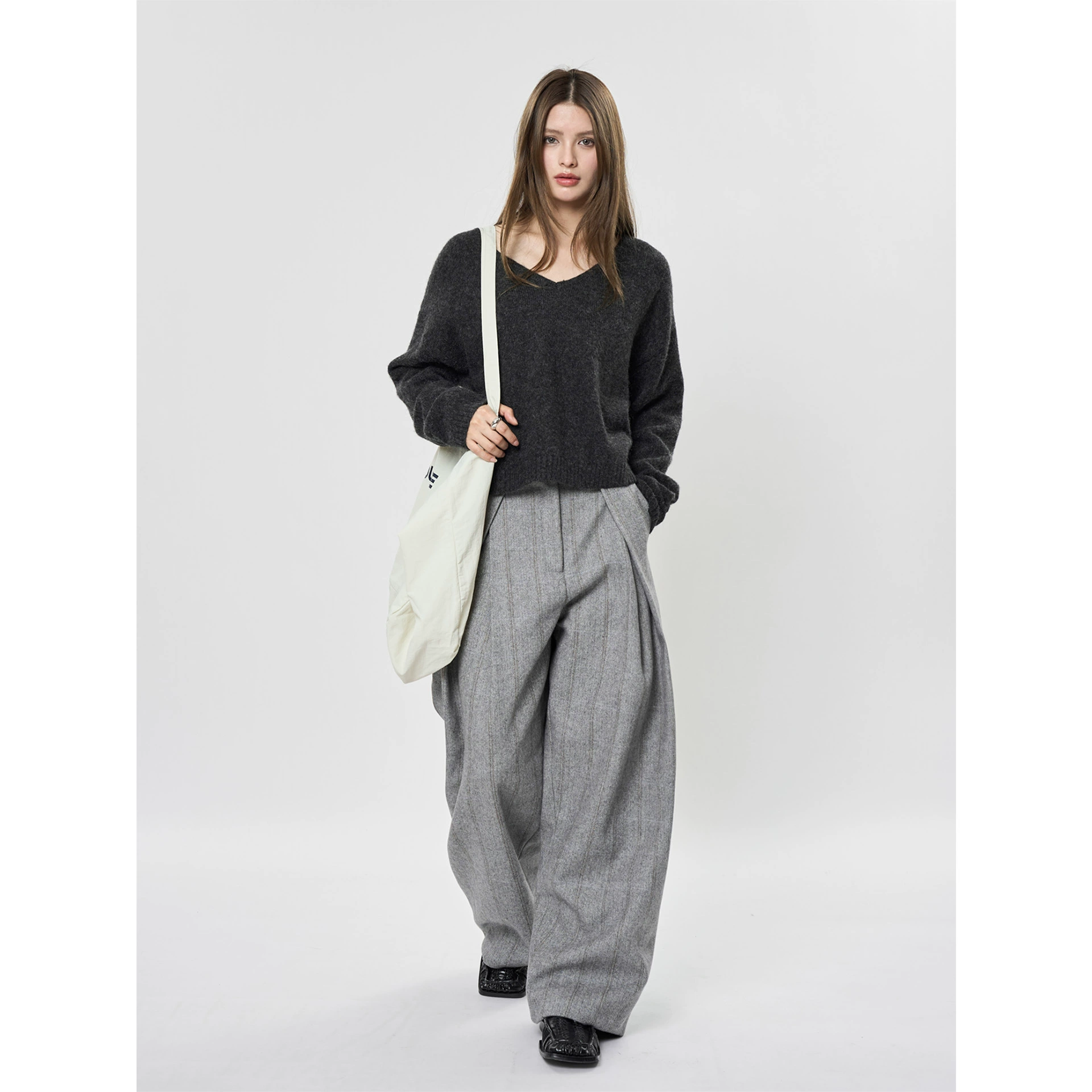 Spring woolen sweater, Korean style, V-neckline, oversize