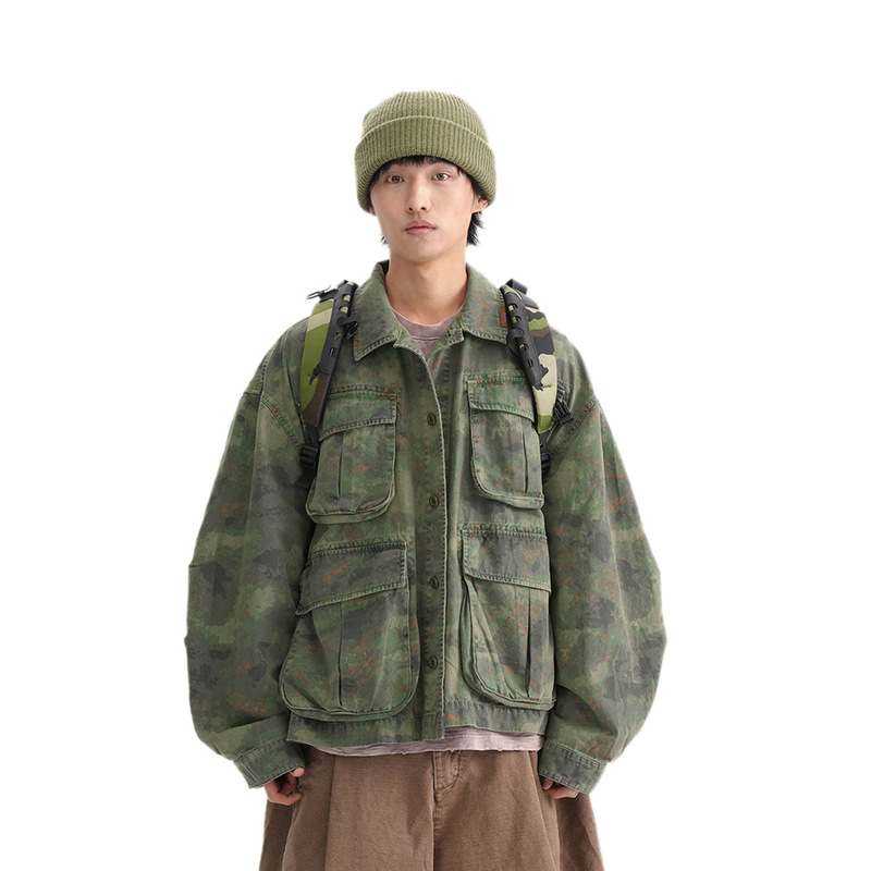 vibe fashion brand tie-dye camouflage frock jacket jacket men's high street spring and autumn outdoor mountaineering multi-pocket design sense