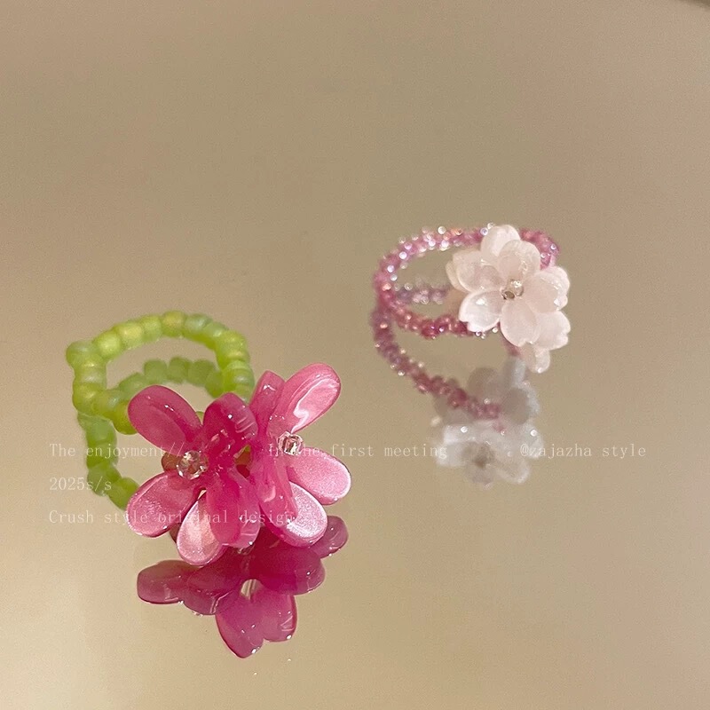 Violet Flower Ring Girl's Spring Niche Design Korean Finger Ring Stretch Beaded Girlfriend Stacked Ring