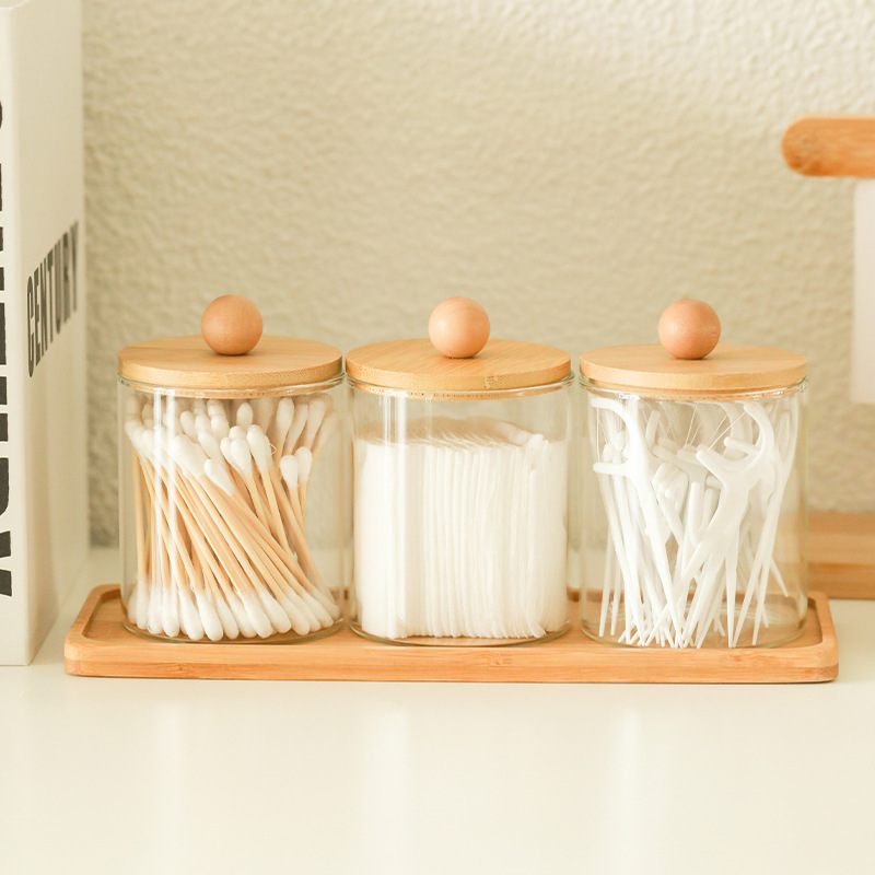 Amazon round glass cotton stick jar portable straight container cosmetic cotton powder puff makeup remover cotton storage suit wholesale
