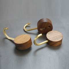 WI25黃銅粘鈎黑胡桃實木免打孔掛鈎玄關廚房裝飾金屬單鈎粘膠衣帽