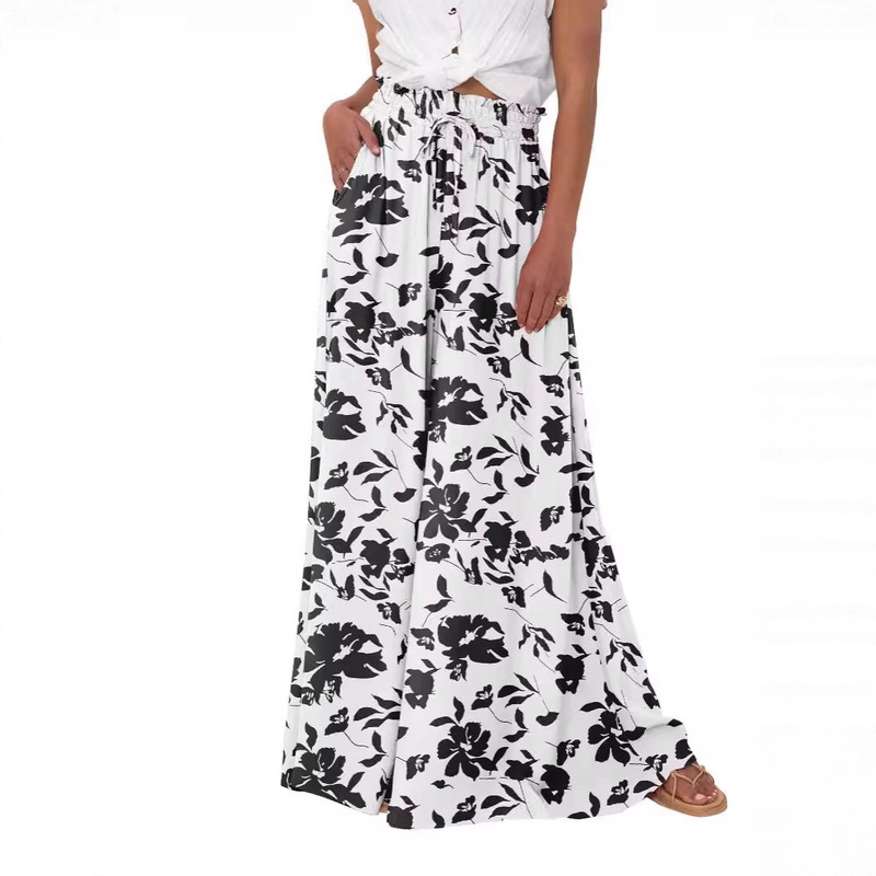 2025 New European and American Women's High-Waisted Wide-Leg Pants Casual Wide-Leg Pants Floral Solid Color Beach Pants with Pockets