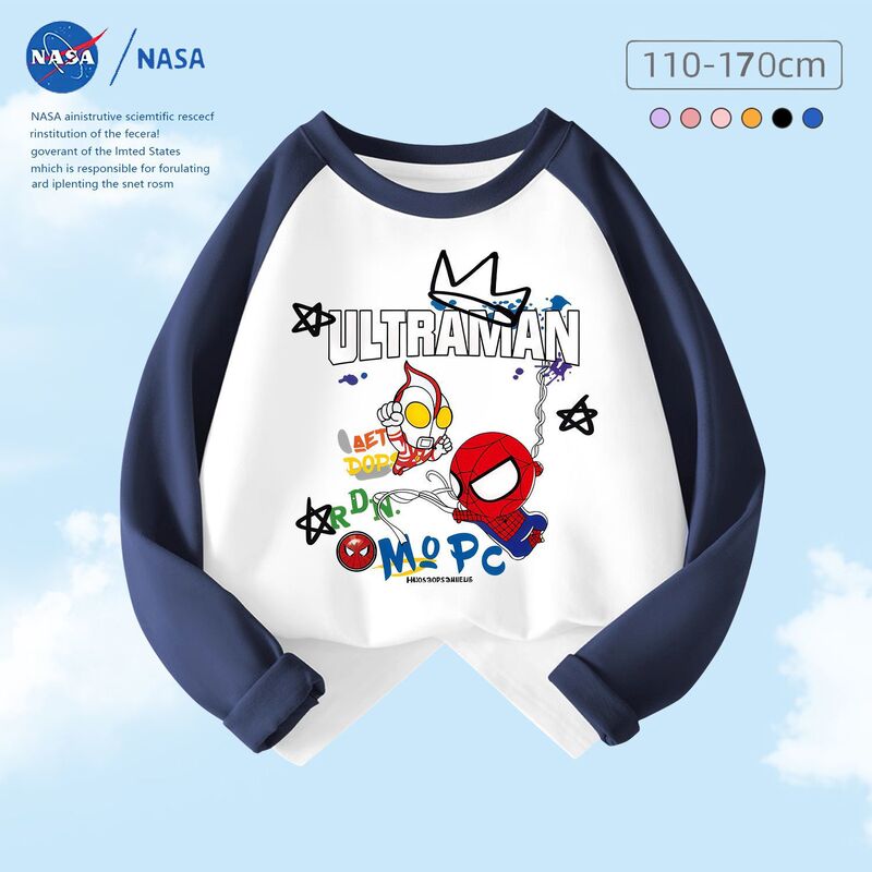 Nasa Cartoon Spider-Man Ultraman Men's Soft Skin-Friendly Warm Patchwork Long-Sleeved T-Shirt Spring and Autumn Pure Cotton Top
