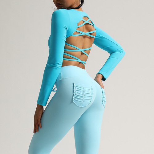 Brazilian MBR Nude Cross Beauty Back Yoga Wear Fitness Long Sleeve Sexy Hollow Sports Top for Women in Autumn and Winter
