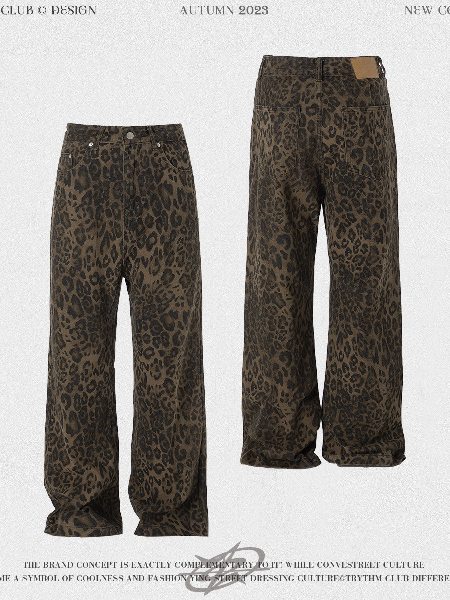 Pantalones Vaqueros de Trabajo Rectos para Hombre de Algodón con Estampado de Leopardo para Uso Casual