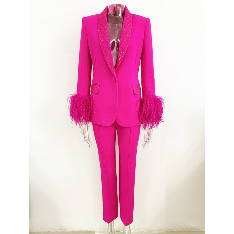 GraceChic GraceChic 2025 New European American Style Ostrich Real Feather Perm Rhinestone Green Fruit Collar Blazer And Trousers Set_voghion.com