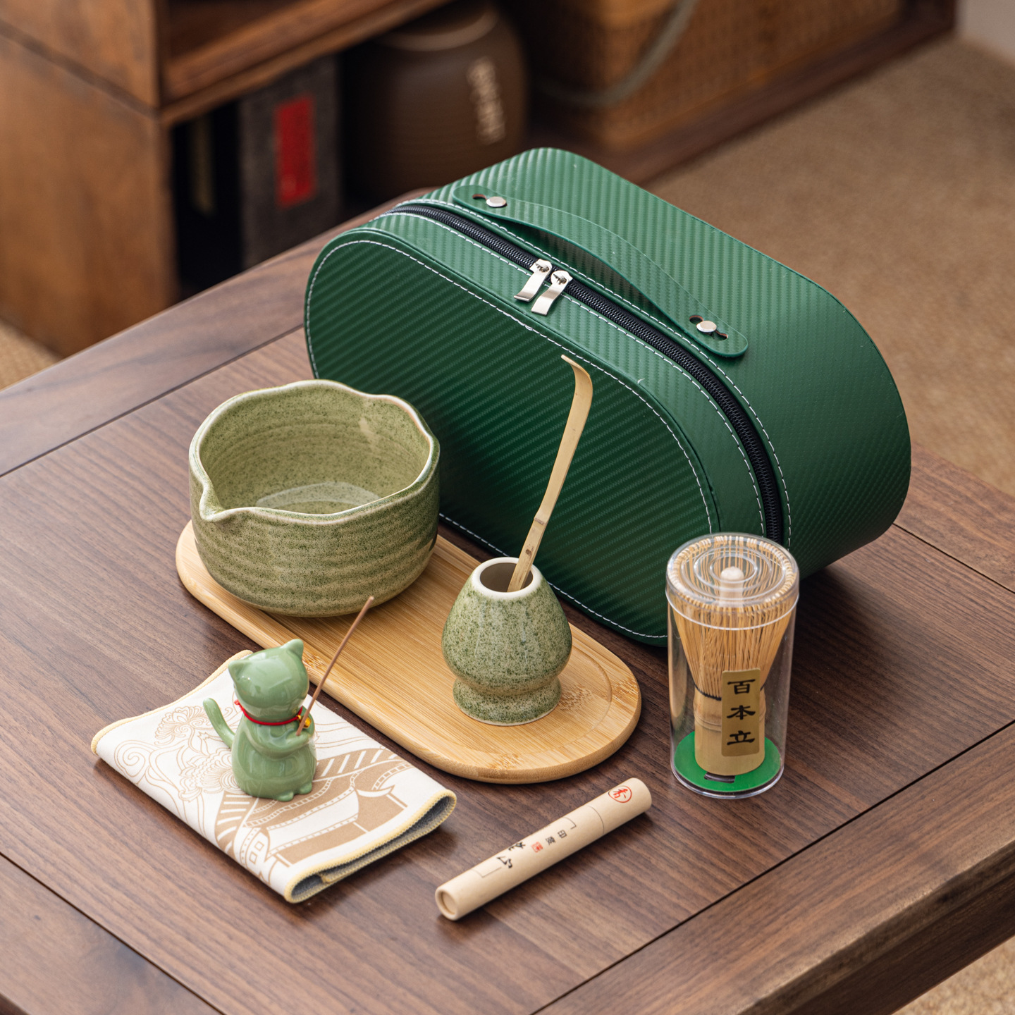 Cuenco de matcha corrugado caja de cuero set adorable gatito Xiangdao ocho piezas set punto té 100 tazas de té
